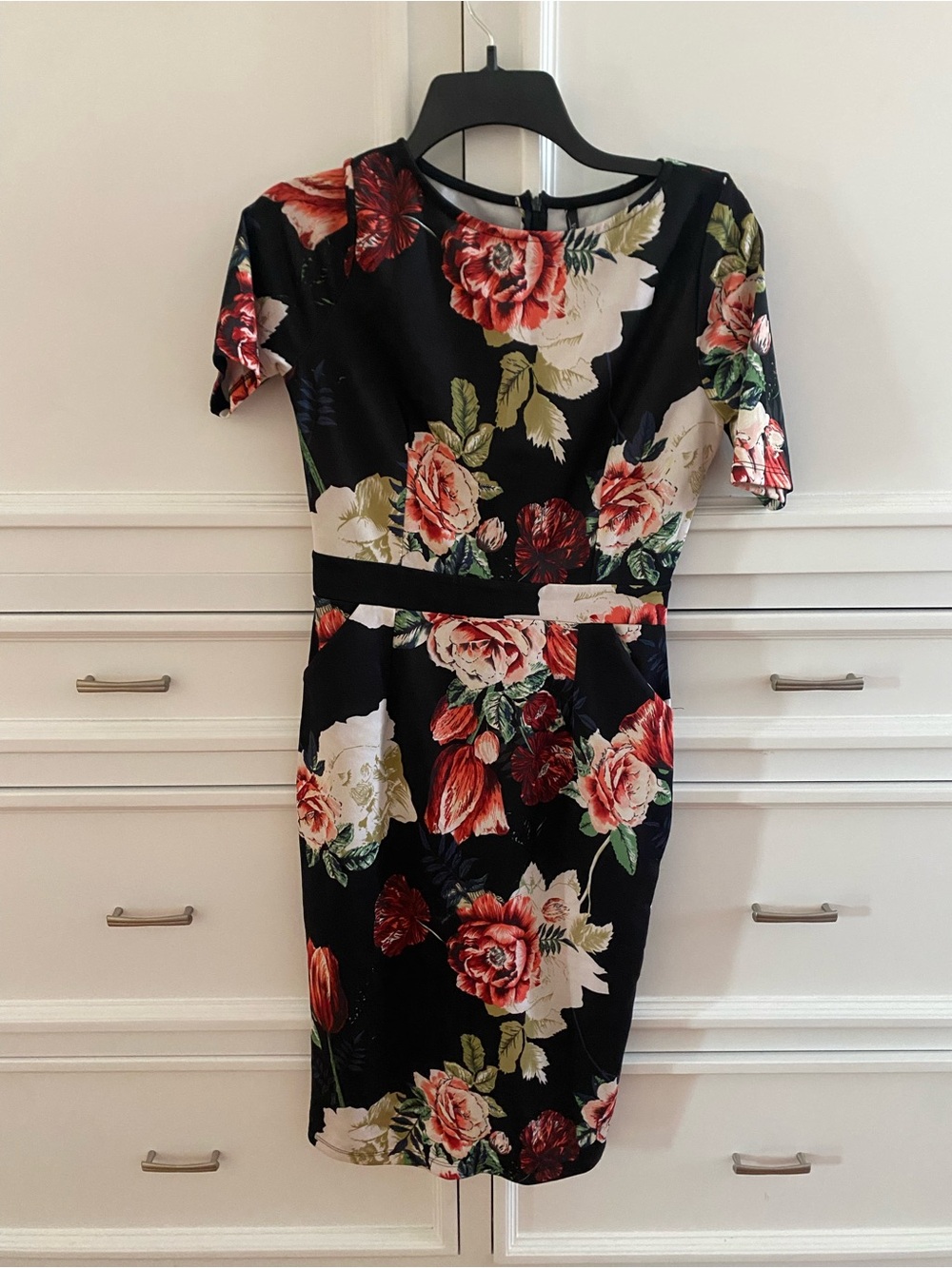Floral Sheath Dress - Black with Red & Cream Blooms large